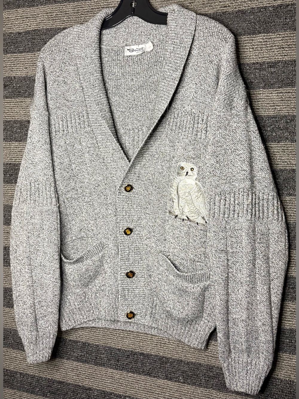 Vintage 90’s Bovet Grey Wool Blend Cardigan with Owl Patch Men’s Medium EUC